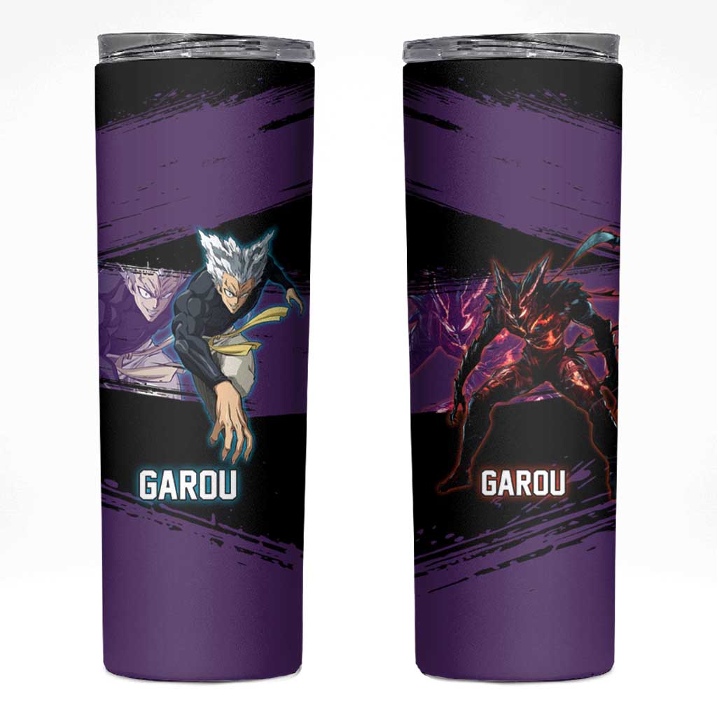 Garou One Punch Man Anime Purple and Black Theme Skinny Tumbler with Hero and Monster Forms in Dynamic Battle Pose - The Mazicc