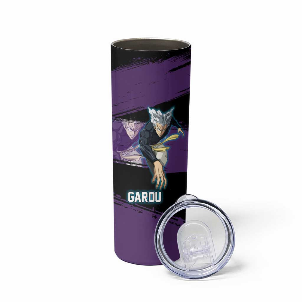 Garou One Punch Man Anime Purple and Black Theme Skinny Tumbler with Hero and Monster Forms in Dynamic Battle Pose - The Mazicc