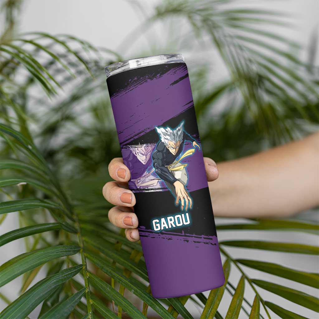 Garou One Punch Man Anime Purple and Black Theme Skinny Tumbler with Hero and Monster Forms in Dynamic Battle Pose - The Mazicc