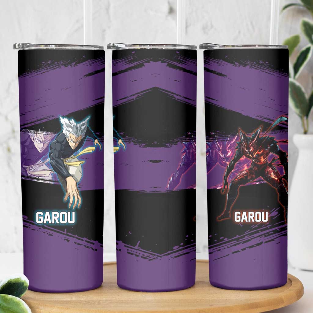 Garou One Punch Man Anime Purple and Black Theme Skinny Tumbler with Hero and Monster Forms in Dynamic Battle Pose - The Mazicc