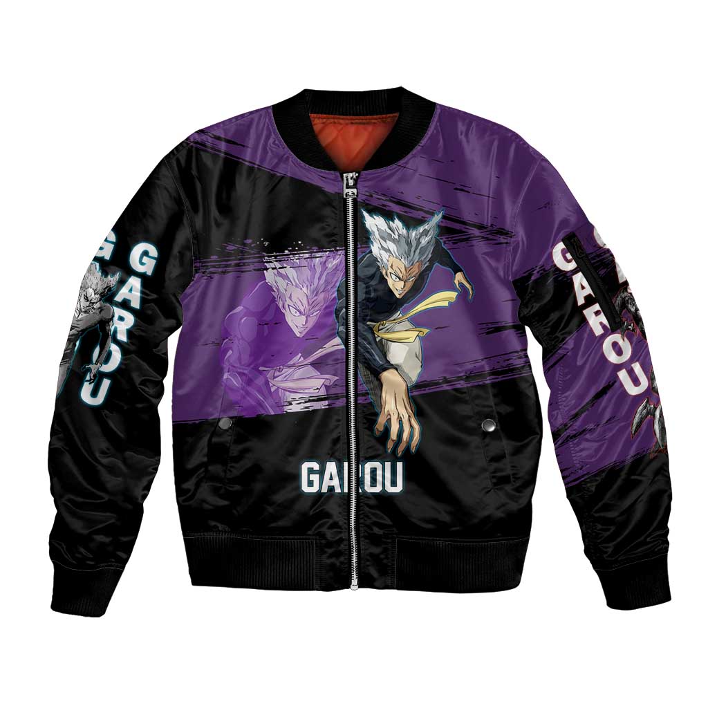 Garou One Punch Man Anime Purple and Black Theme Sleeve Zip Bomber Jacket with Hero and Monster Forms in Dynamic Battle Pose - The Mazicc