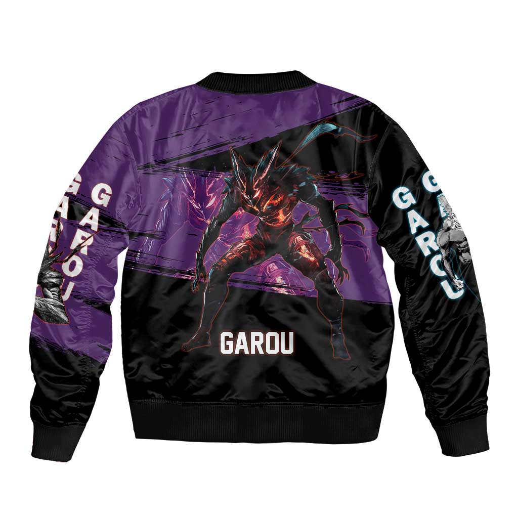 Garou One Punch Man Anime Purple and Black Theme Sleeve Zip Bomber Jacket with Hero and Monster Forms in Dynamic Battle Pose - The Mazicc