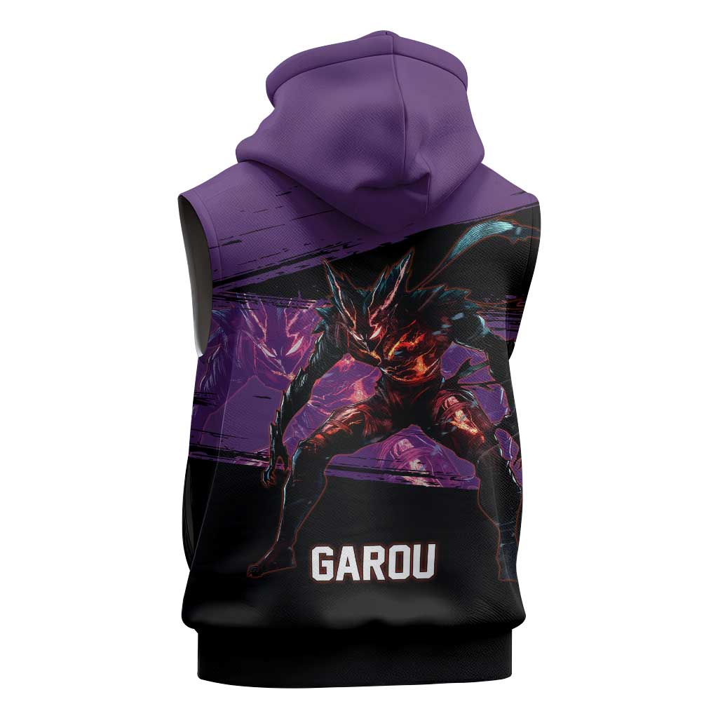 Garou One Punch Man Anime Purple and Black Theme Sleeveless Hoodie with Hero and Monster Forms in Dynamic Battle Pose - The Mazicc
