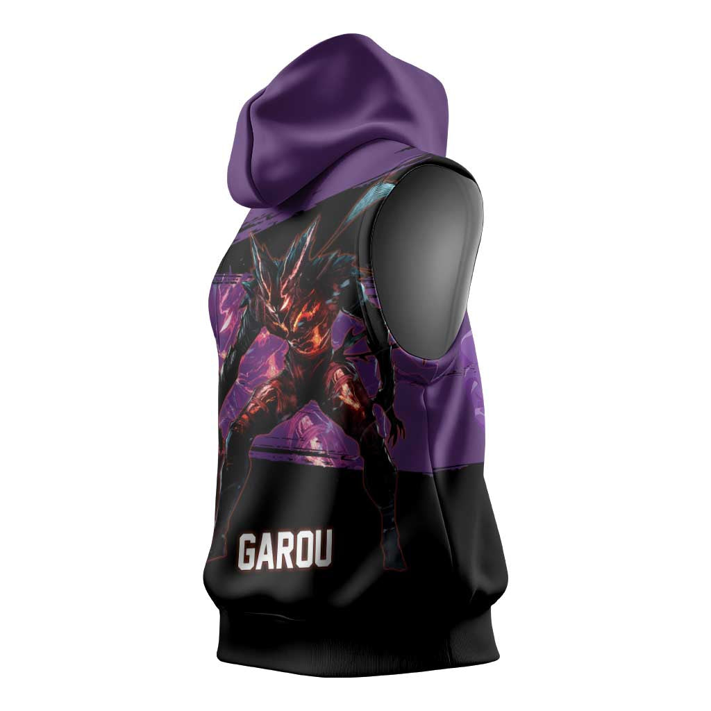 Garou One Punch Man Anime Purple and Black Theme Sleeveless Hoodie with Hero and Monster Forms in Dynamic Battle Pose - The Mazicc