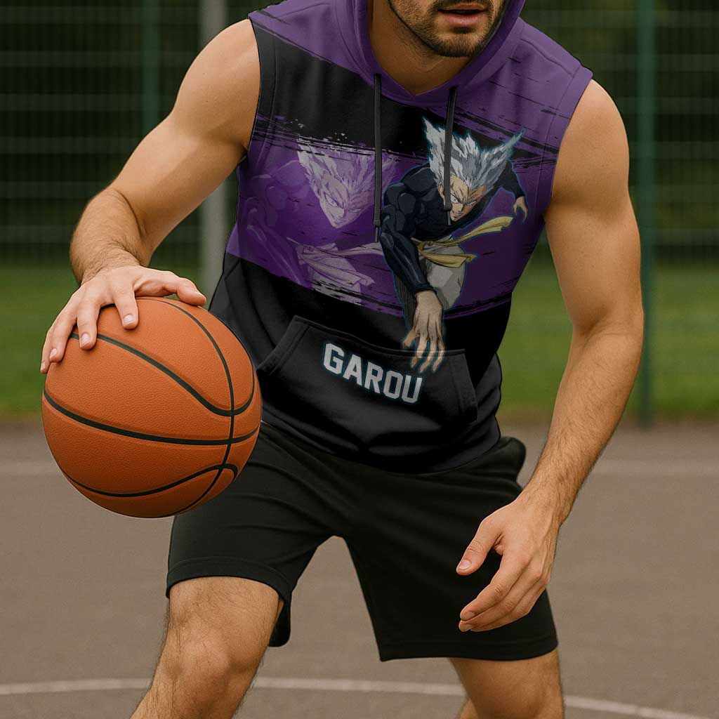 Garou One Punch Man Anime Purple and Black Theme Sleeveless Hoodie with Hero and Monster Forms in Dynamic Battle Pose - The Mazicc