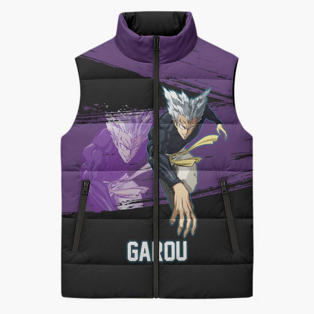Garou One Punch Man Anime Purple and Black Theme Sleeveless Puffer Jacket with Hero and Monster Forms in Dynamic Battle Pose - The Mazicc