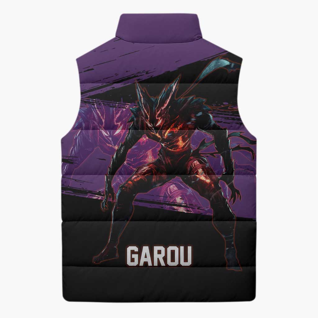 Garou One Punch Man Anime Purple and Black Theme Sleeveless Puffer Jacket with Hero and Monster Forms in Dynamic Battle Pose - The Mazicc