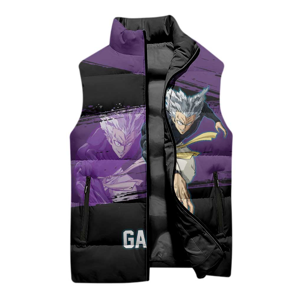 Garou One Punch Man Anime Purple and Black Theme Sleeveless Puffer Jacket with Hero and Monster Forms in Dynamic Battle Pose - The Mazicc