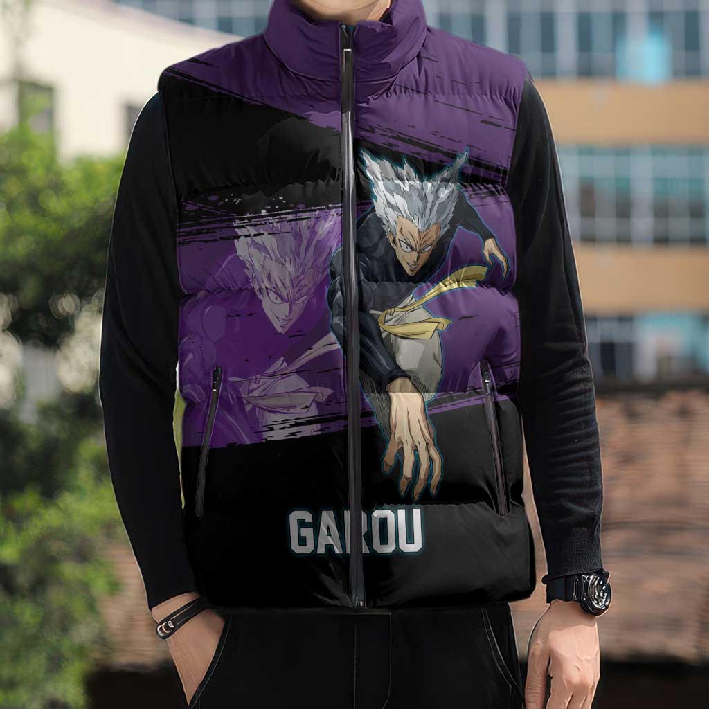 Garou One Punch Man Anime Purple and Black Theme Sleeveless Puffer Jacket with Hero and Monster Forms in Dynamic Battle Pose - The Mazicc