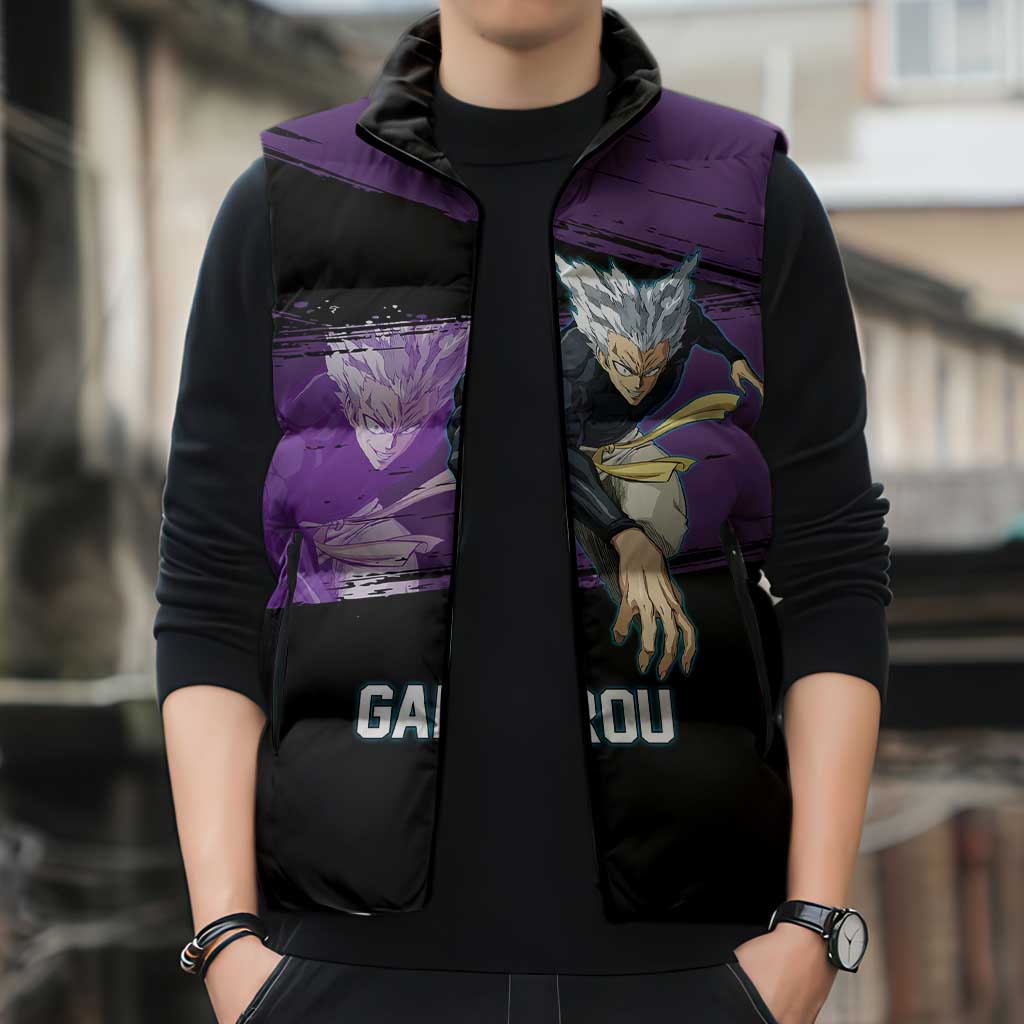 Garou One Punch Man Anime Purple and Black Theme Sleeveless Puffer Jacket with Hero and Monster Forms in Dynamic Battle Pose - The Mazicc