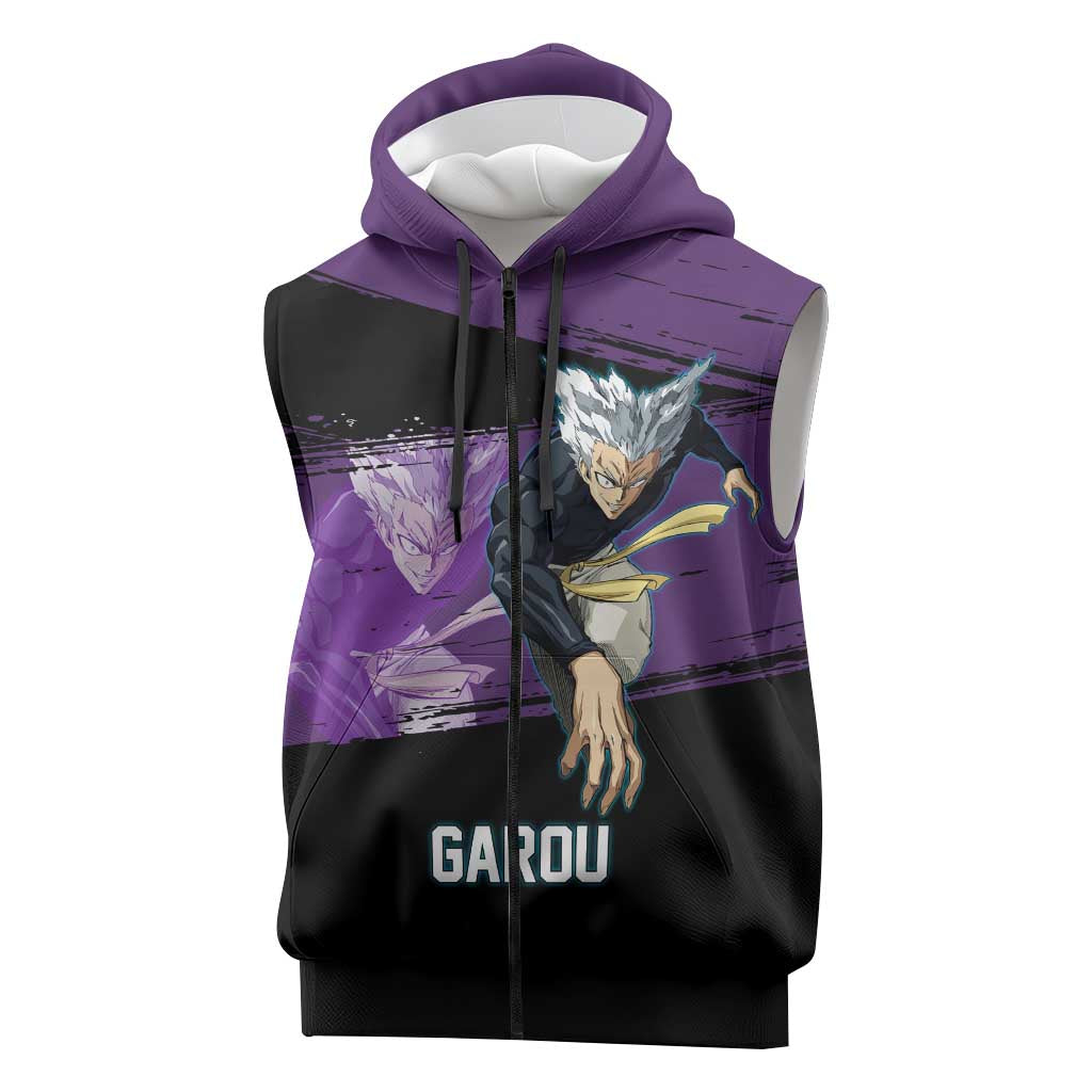 Garou One Punch Man Anime Purple and Black Theme Sleeveless Zip Hoodie with Hero and Monster Forms in Dynamic Battle Pose - The Mazicc