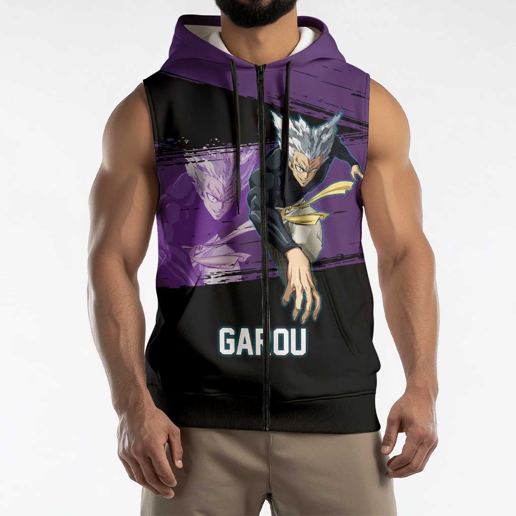 Garou One Punch Man Anime Purple and Black Theme Sleeveless Zip Hoodie with Hero and Monster Forms in Dynamic Battle Pose - The Mazicc