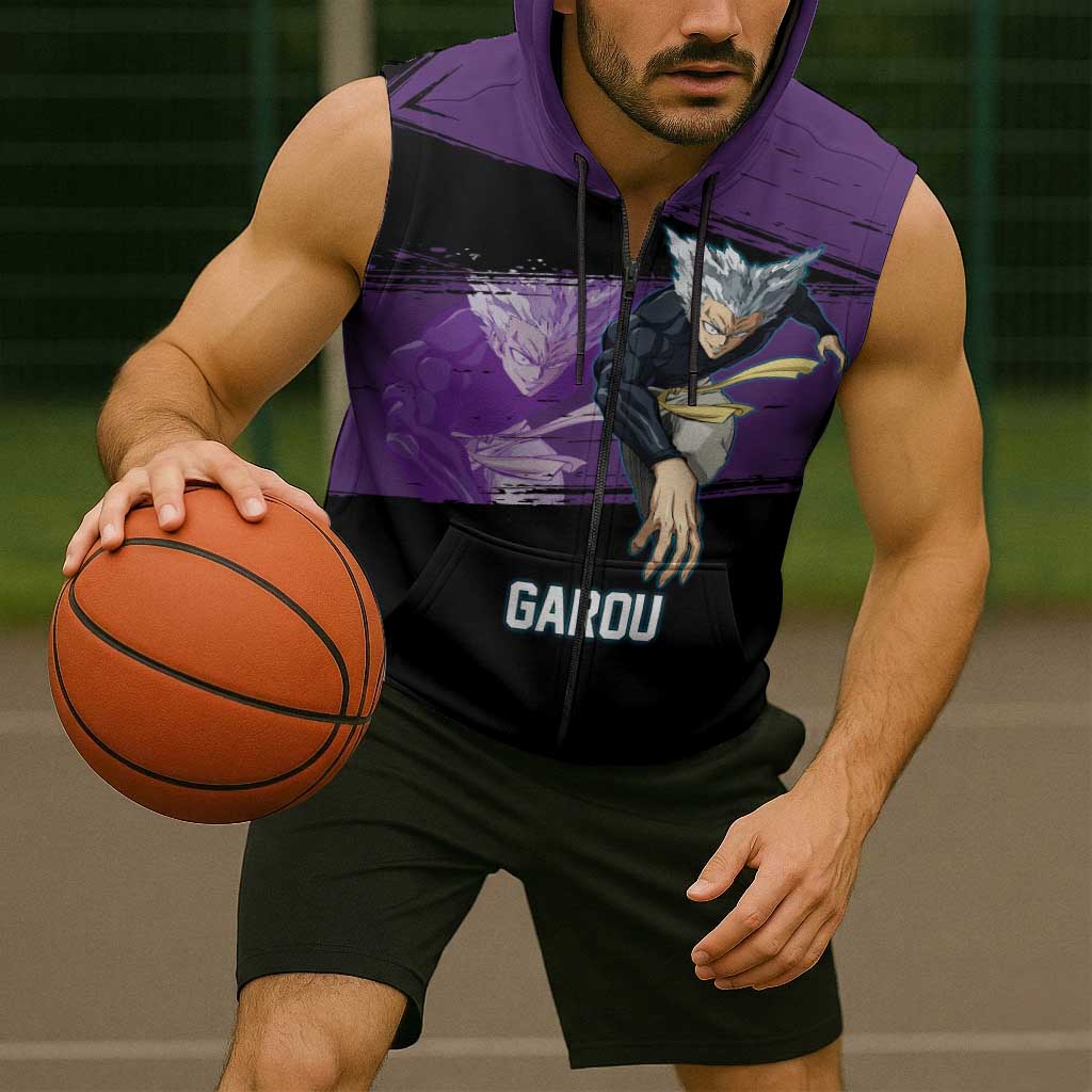 Garou One Punch Man Anime Purple and Black Theme Sleeveless Zip Hoodie with Hero and Monster Forms in Dynamic Battle Pose - The Mazicc