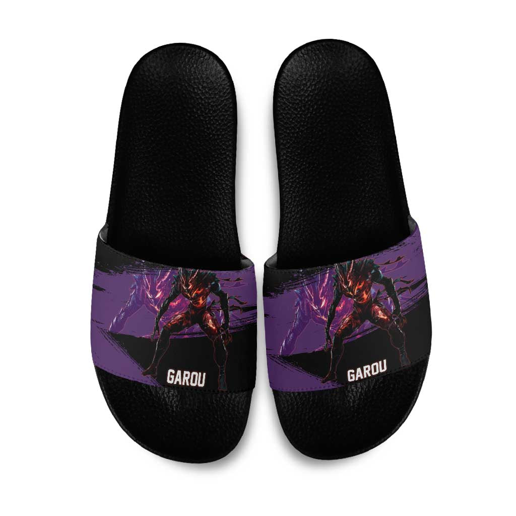 Garou One Punch Man Anime Purple and Black Theme Slide Sandals with Hero and Monster Forms in Dynamic Battle Pose - The Mazicc