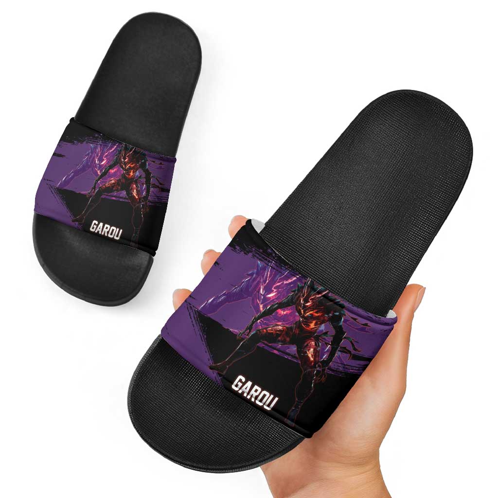 Garou One Punch Man Anime Purple and Black Theme Slide Sandals with Hero and Monster Forms in Dynamic Battle Pose - The Mazicc