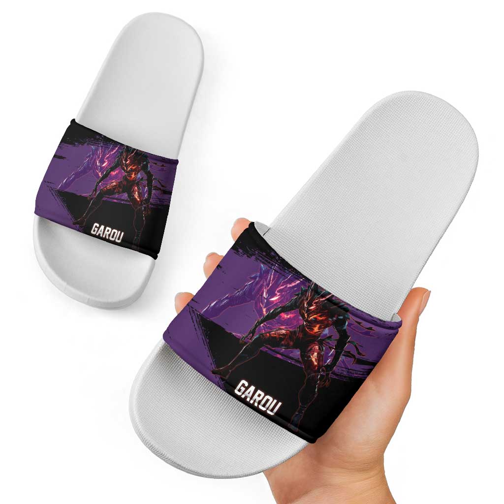 Garou One Punch Man Anime Purple and Black Theme Slide Sandals with Hero and Monster Forms in Dynamic Battle Pose - The Mazicc