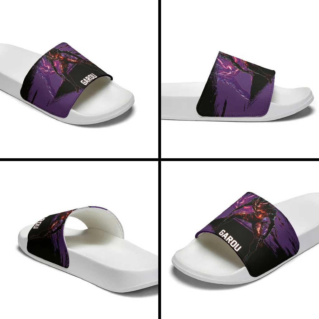 Garou One Punch Man Anime Purple and Black Theme Slide Sandals with Hero and Monster Forms in Dynamic Battle Pose - The Mazicc