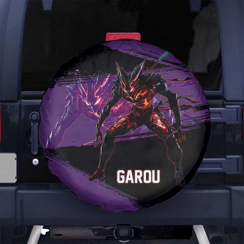 Garou One Punch Man Anime Purple and Black Theme Spare Tire Cover with Hero and Monster Forms in Dynamic Battle Pose - The Mazicc