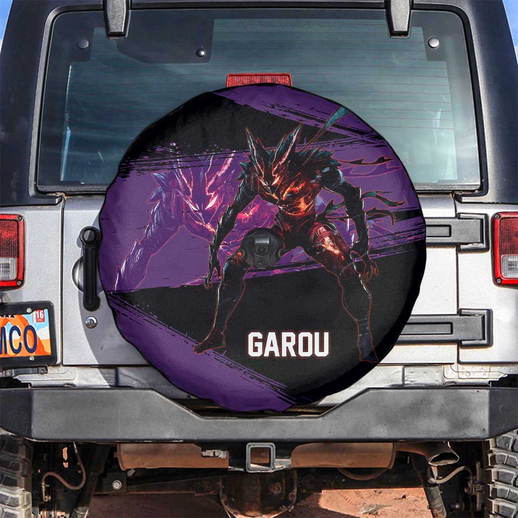 Garou One Punch Man Anime Purple and Black Theme Spare Tire Cover with Hero and Monster Forms in Dynamic Battle Pose - The Mazicc