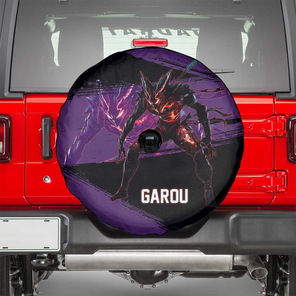Garou One Punch Man Anime Purple and Black Theme Spare Tire Cover with Hero and Monster Forms in Dynamic Battle Pose - The Mazicc