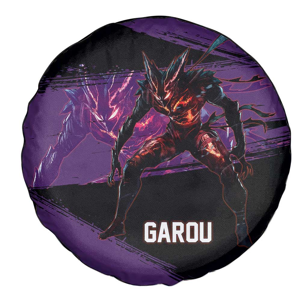 Garou One Punch Man Anime Purple and Black Theme Spare Tire Cover with Hero and Monster Forms in Dynamic Battle Pose - The Mazicc