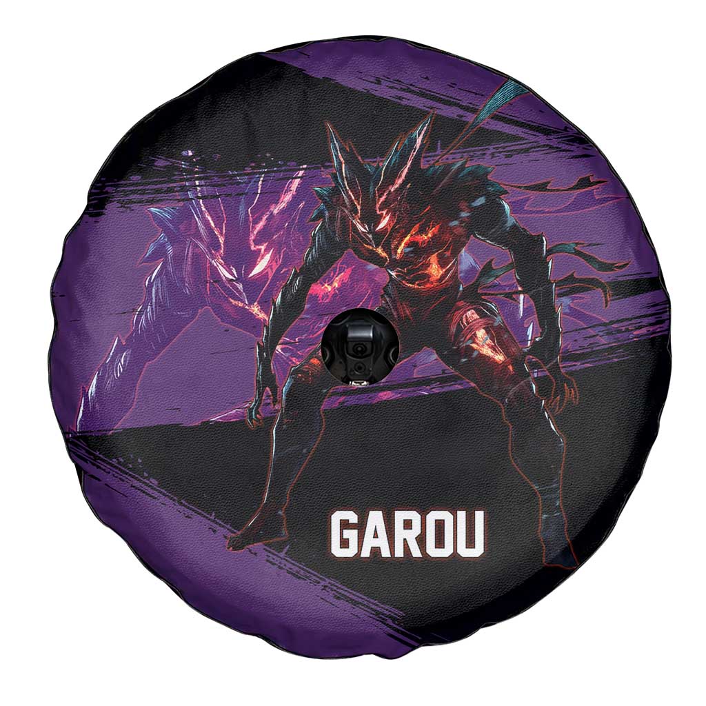 Garou One Punch Man Anime Purple and Black Theme Spare Tire Cover with Hero and Monster Forms in Dynamic Battle Pose - The Mazicc