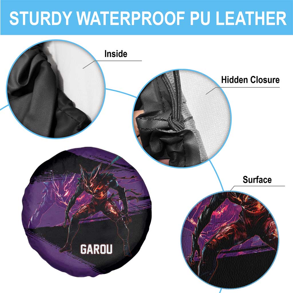 Garou One Punch Man Anime Purple and Black Theme Spare Tire Cover with Hero and Monster Forms in Dynamic Battle Pose - The Mazicc