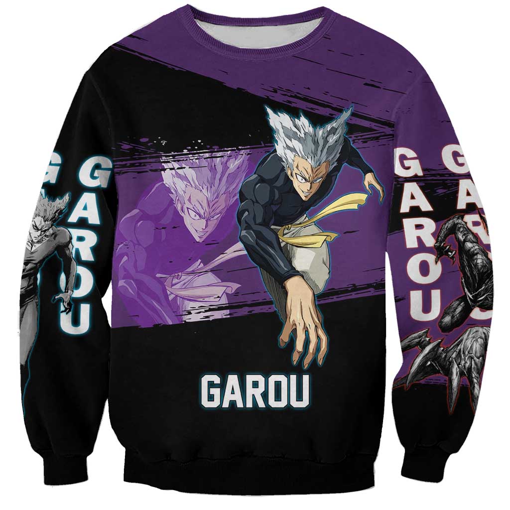 Garou One Punch Man Anime Purple and Black Theme Sweatshirt with Hero and Monster Forms in Dynamic Battle Pose - The Mazicc