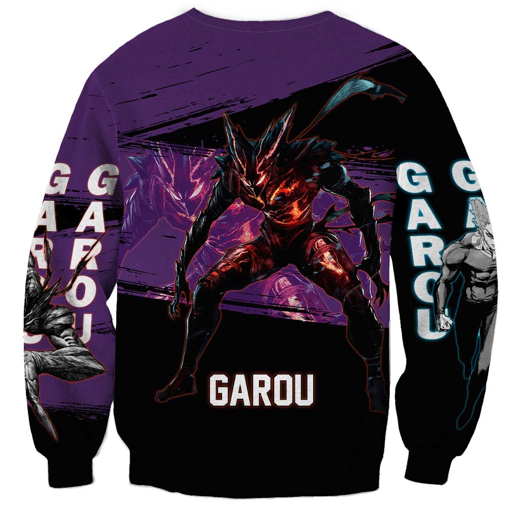 Garou One Punch Man Anime Purple and Black Theme Sweatshirt with Hero and Monster Forms in Dynamic Battle Pose - The Mazicc