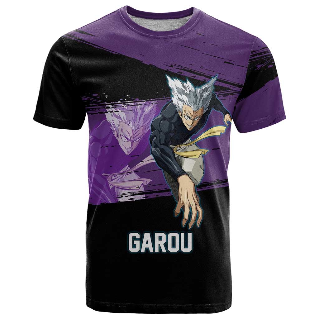 Garou One Punch Man Anime Purple and Black Theme T Shirt with Hero and Monster Forms in Dynamic Battle Pose - The Mazicc