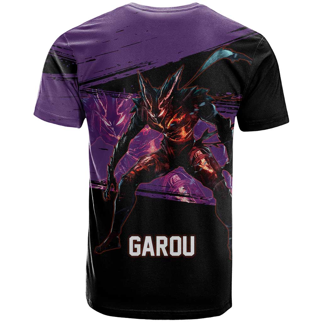Garou One Punch Man Anime Purple and Black Theme T Shirt with Hero and Monster Forms in Dynamic Battle Pose - The Mazicc
