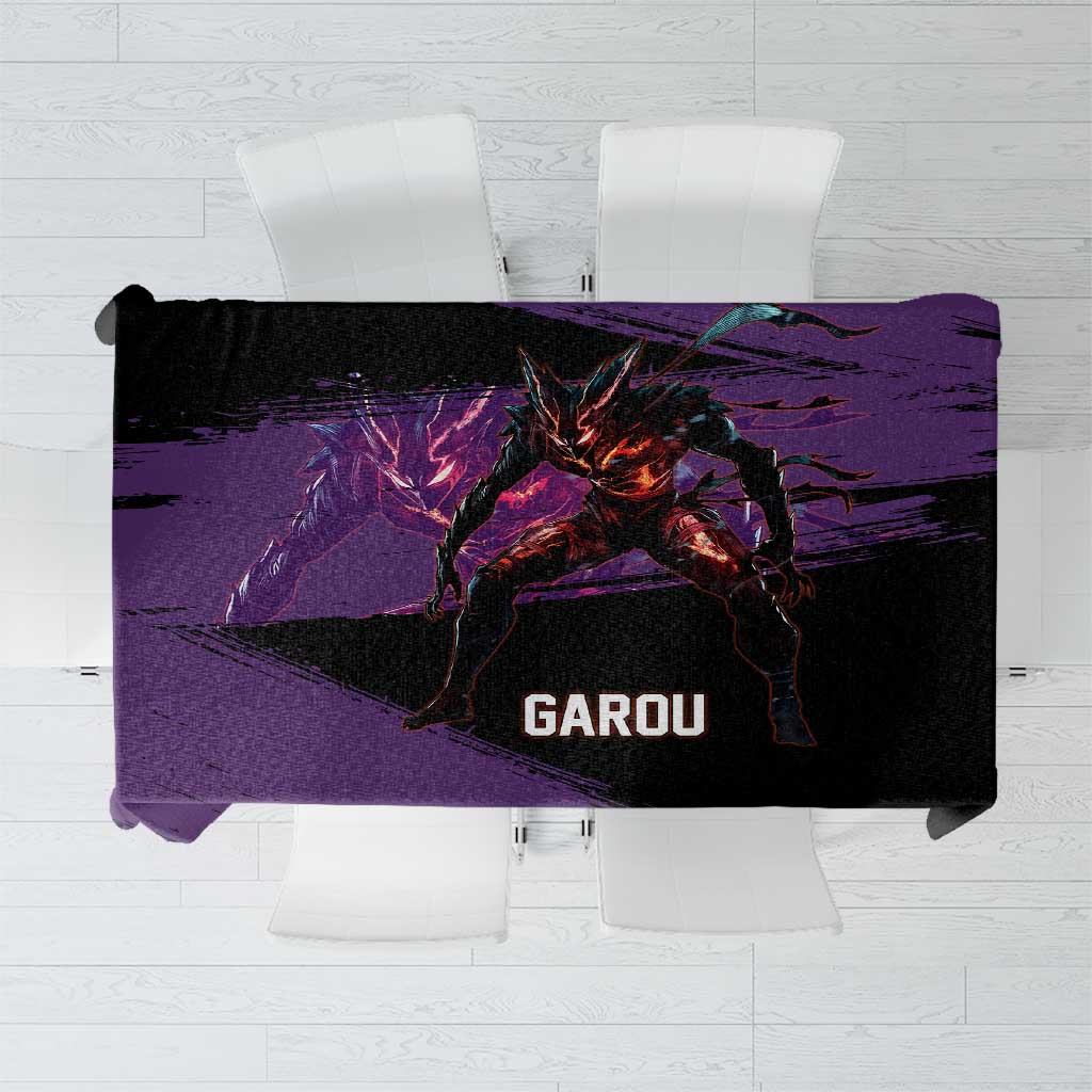 Garou One Punch Man Anime Purple and Black Theme Tablecloth with Hero and Monster Forms in Dynamic Battle Pose - The Mazicc