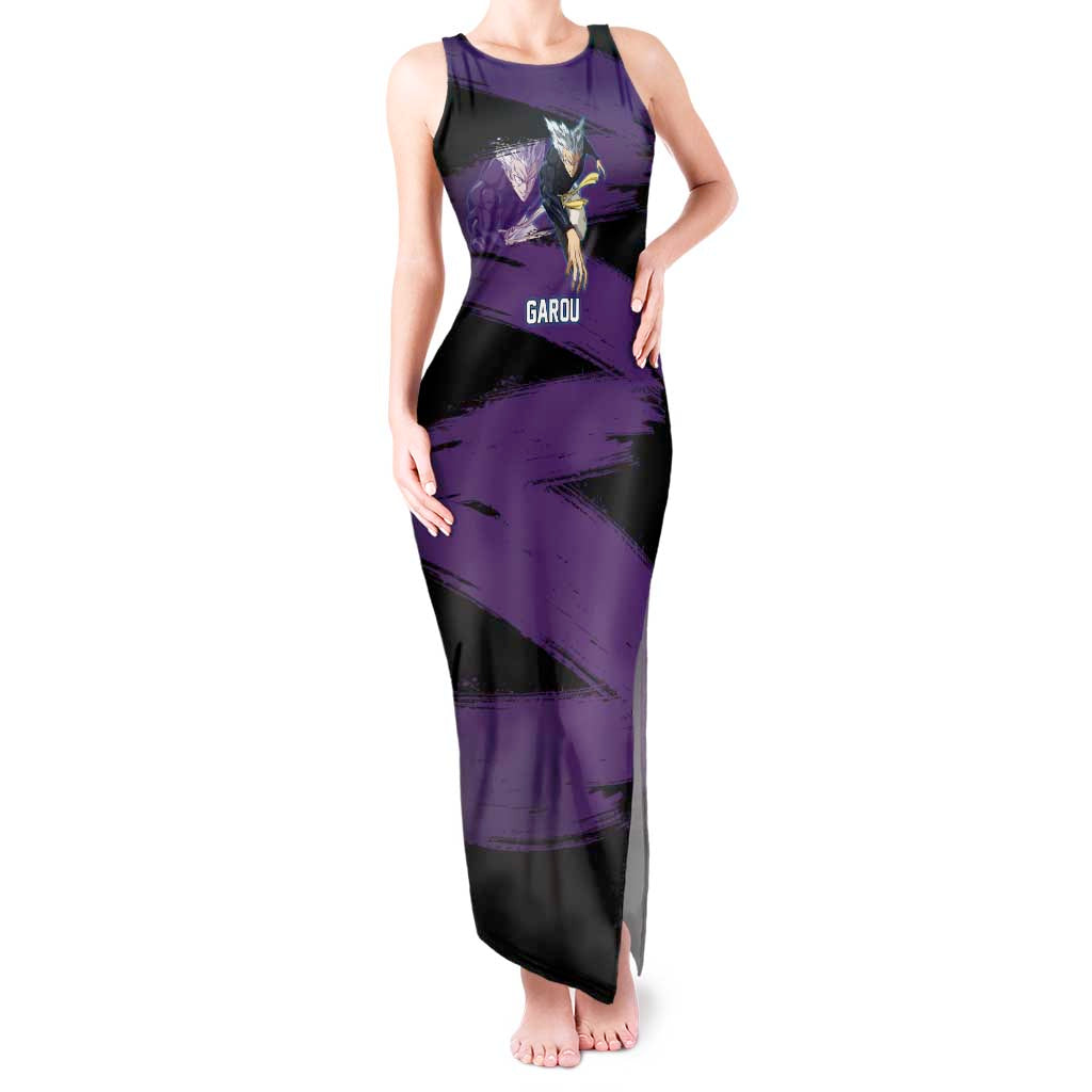 Garou One Punch Man Anime Purple and Black Theme Tank Maxi Dress with Hero and Monster Forms in Dynamic Battle Pose - The Mazicc