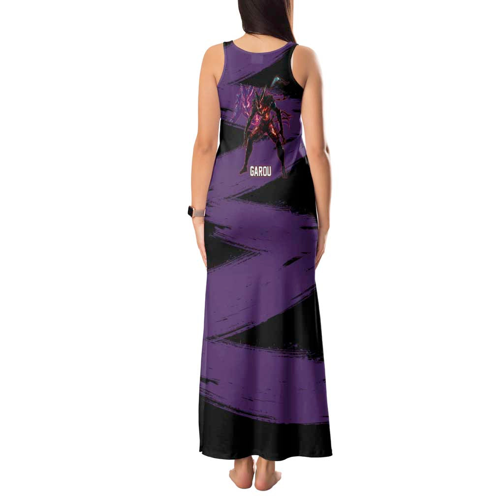 Garou One Punch Man Anime Purple and Black Theme Tank Maxi Dress with Hero and Monster Forms in Dynamic Battle Pose - The Mazicc