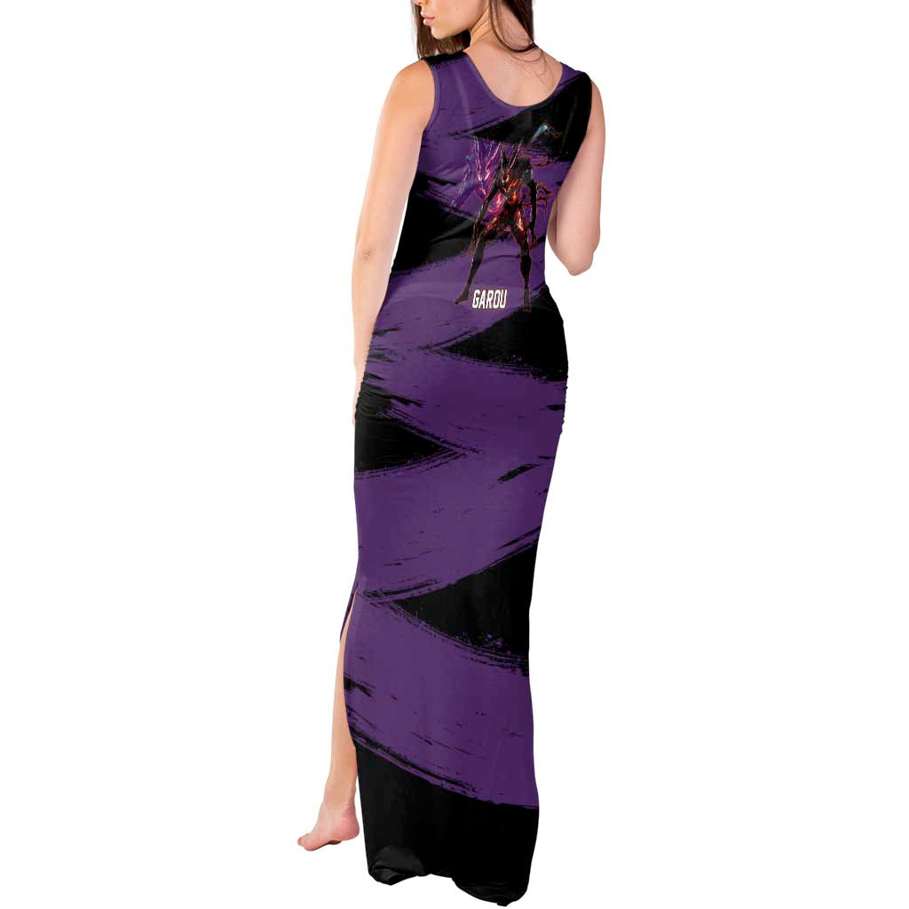 Garou One Punch Man Anime Purple and Black Theme Tank Maxi Dress with Hero and Monster Forms in Dynamic Battle Pose - The Mazicc