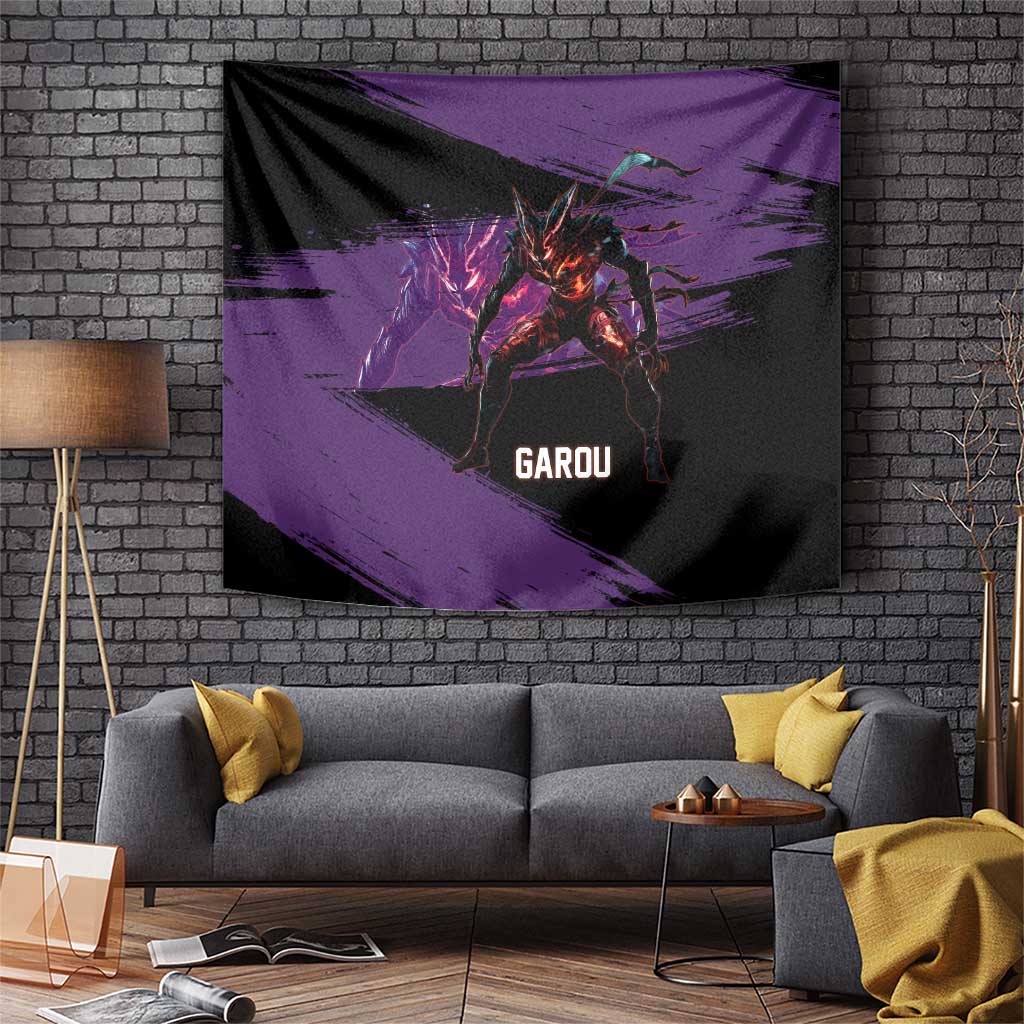 Garou One Punch Man Anime Purple and Black Theme Tapestry with Hero and Monster Forms in Dynamic Battle Pose - The Mazicc