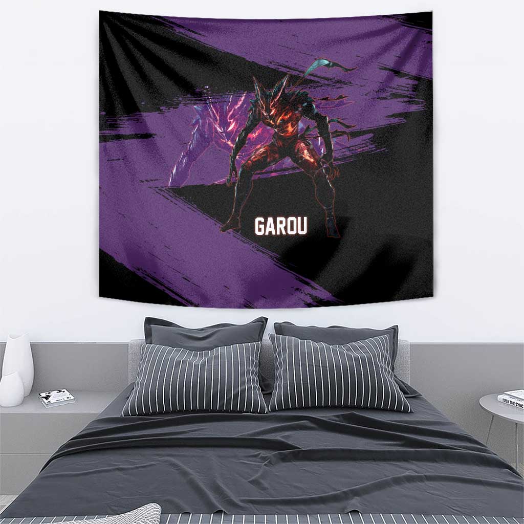 Garou One Punch Man Anime Purple and Black Theme Tapestry with Hero and Monster Forms in Dynamic Battle Pose - The Mazicc