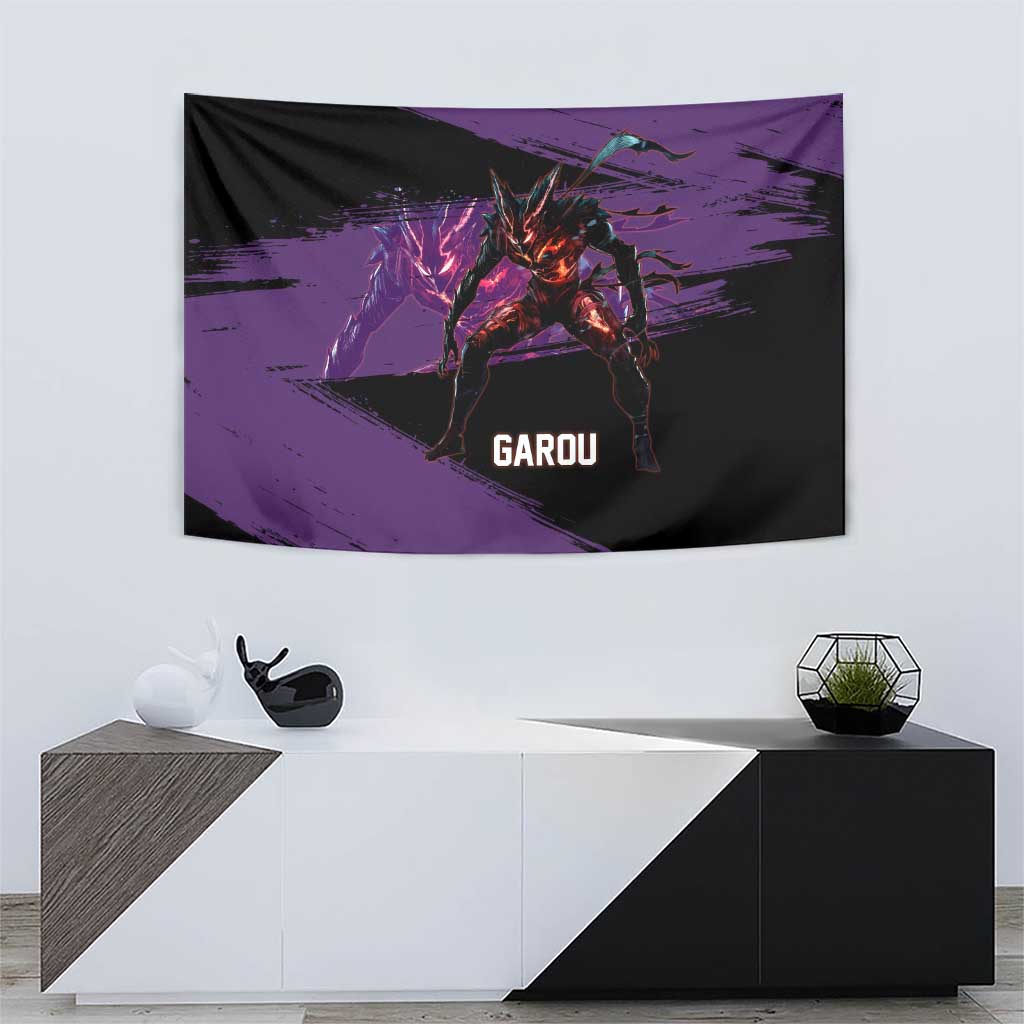 Garou One Punch Man Anime Purple and Black Theme Tapestry with Hero and Monster Forms in Dynamic Battle Pose - The Mazicc