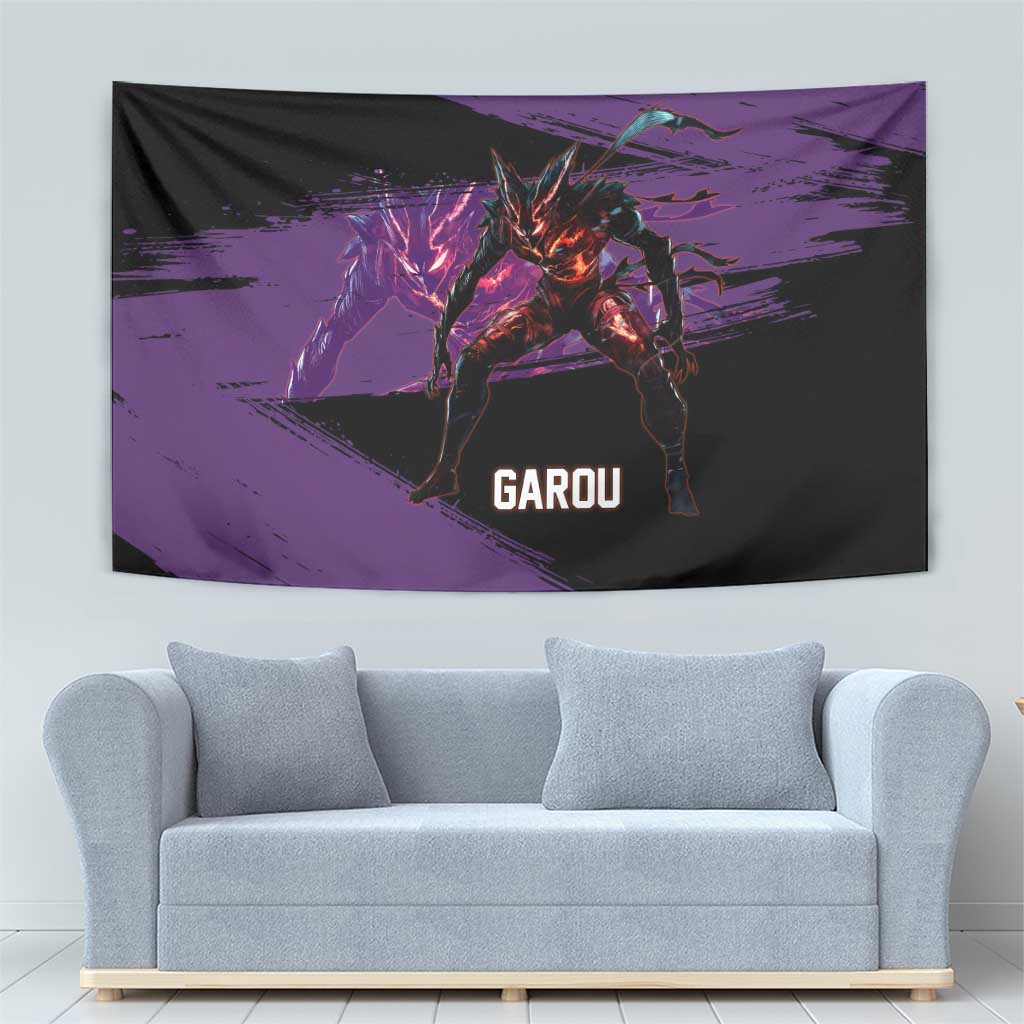 Garou One Punch Man Anime Purple and Black Theme Tapestry with Hero and Monster Forms in Dynamic Battle Pose - The Mazicc