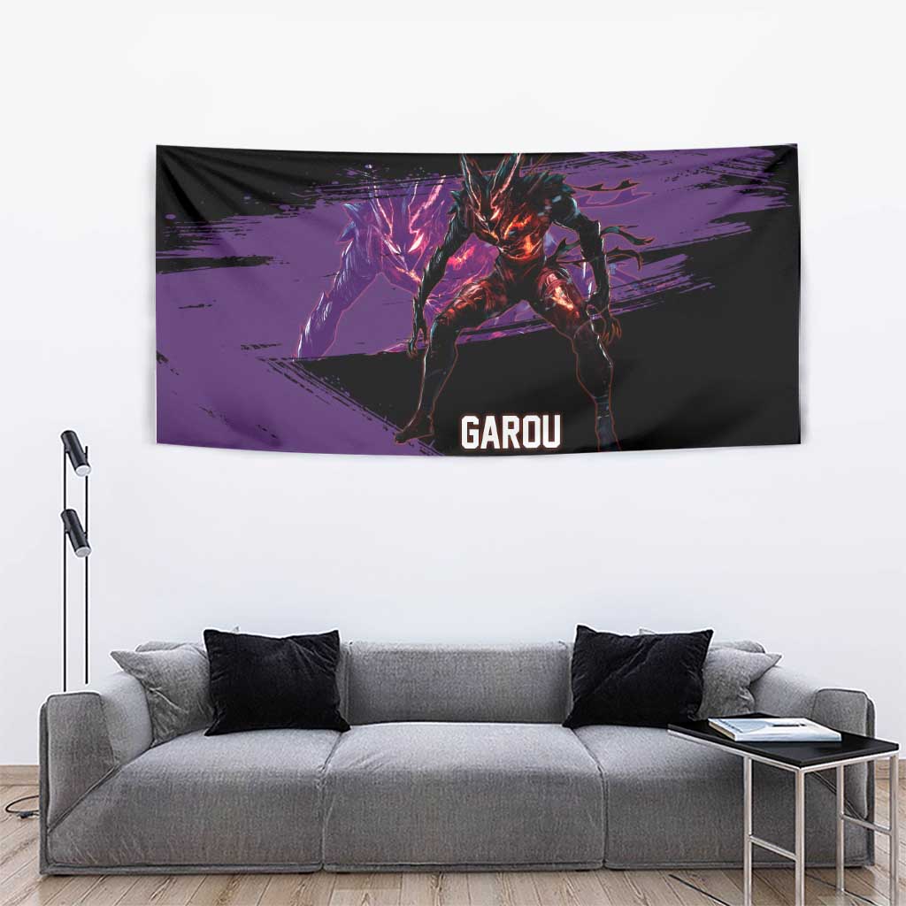 Garou One Punch Man Anime Purple and Black Theme Tapestry with Hero and Monster Forms in Dynamic Battle Pose - The Mazicc