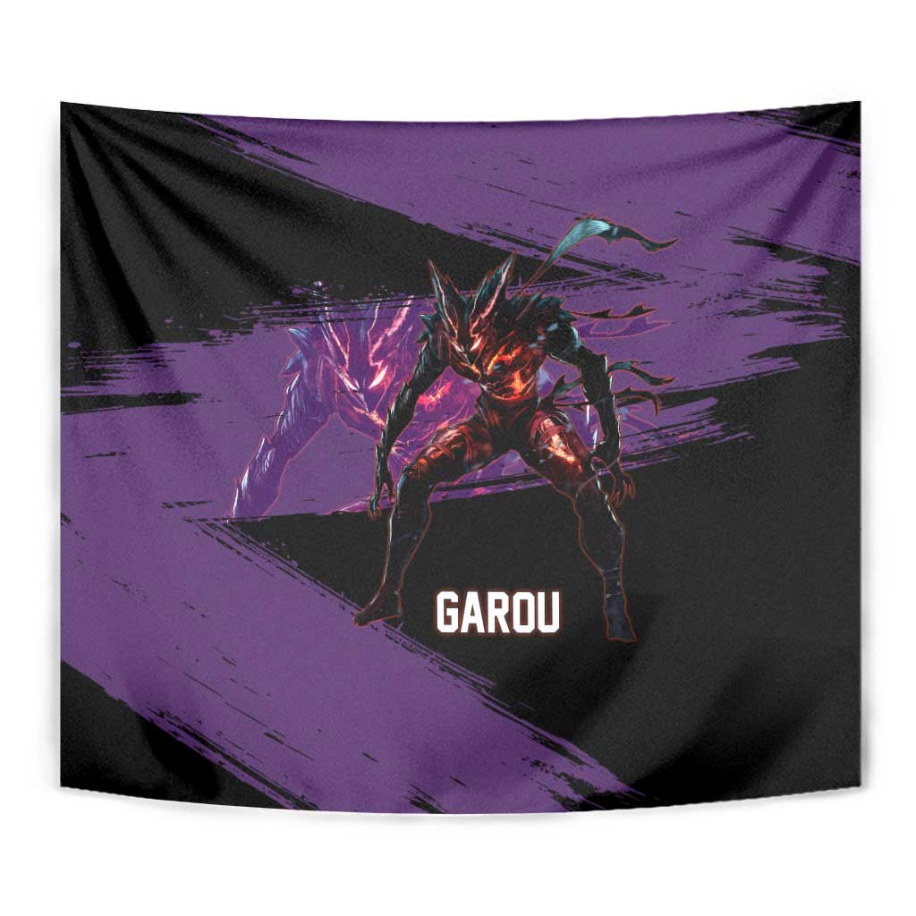 Garou One Punch Man Anime Purple and Black Theme Tapestry with Hero and Monster Forms in Dynamic Battle Pose - The Mazicc