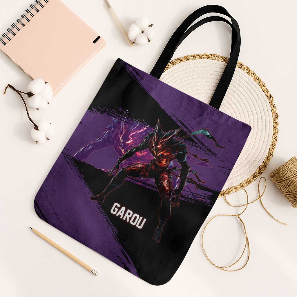 Garou One Punch Man Anime Purple and Black Theme Tote Bag with Hero and Monster Forms in Dynamic Battle Pose - The Mazicc