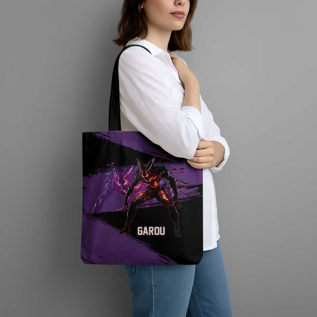 Garou One Punch Man Anime Purple and Black Theme Tote Bag with Hero and Monster Forms in Dynamic Battle Pose - The Mazicc