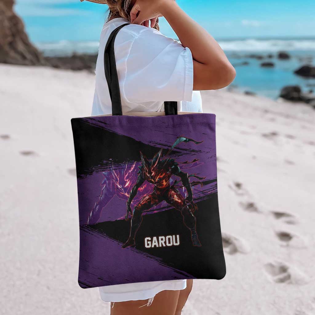 Garou One Punch Man Anime Purple and Black Theme Tote Bag with Hero and Monster Forms in Dynamic Battle Pose - The Mazicc