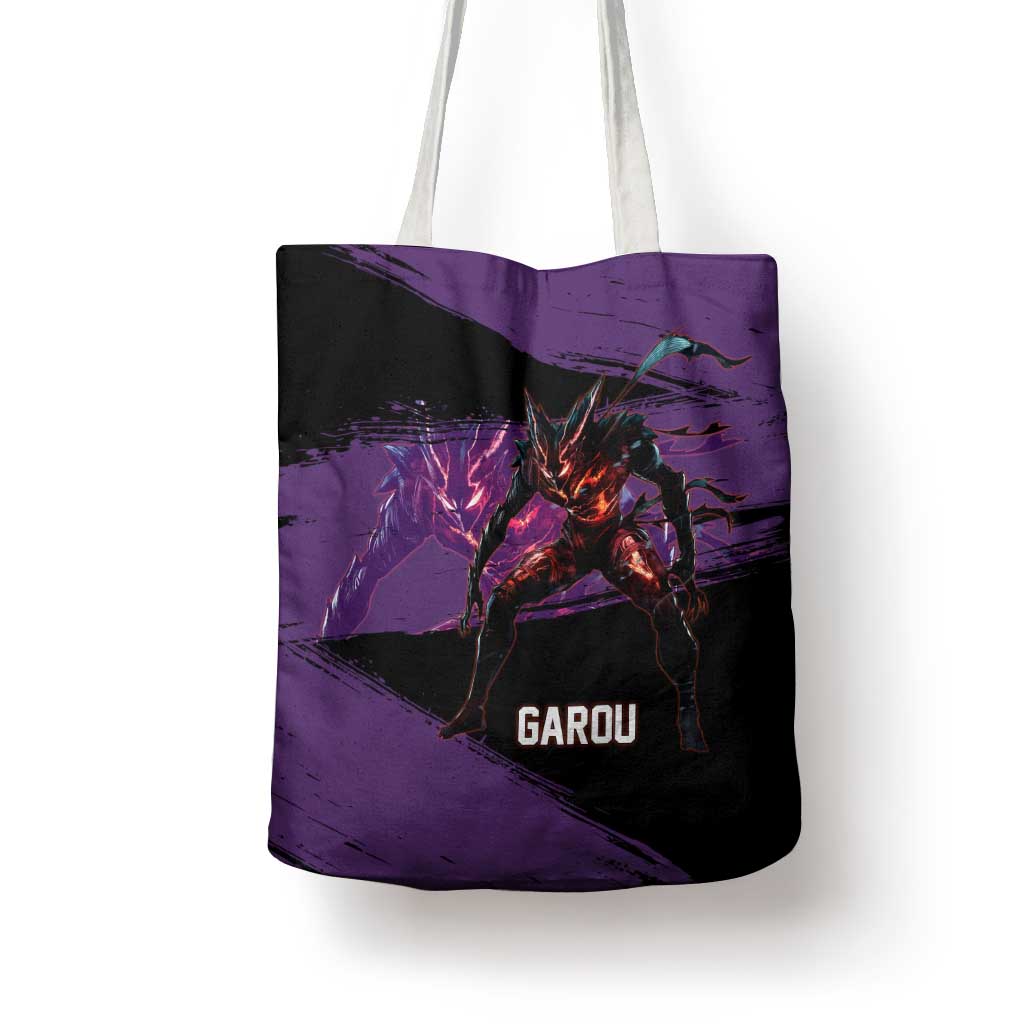 Garou One Punch Man Anime Purple and Black Theme Tote Bag with Hero and Monster Forms in Dynamic Battle Pose - The Mazicc