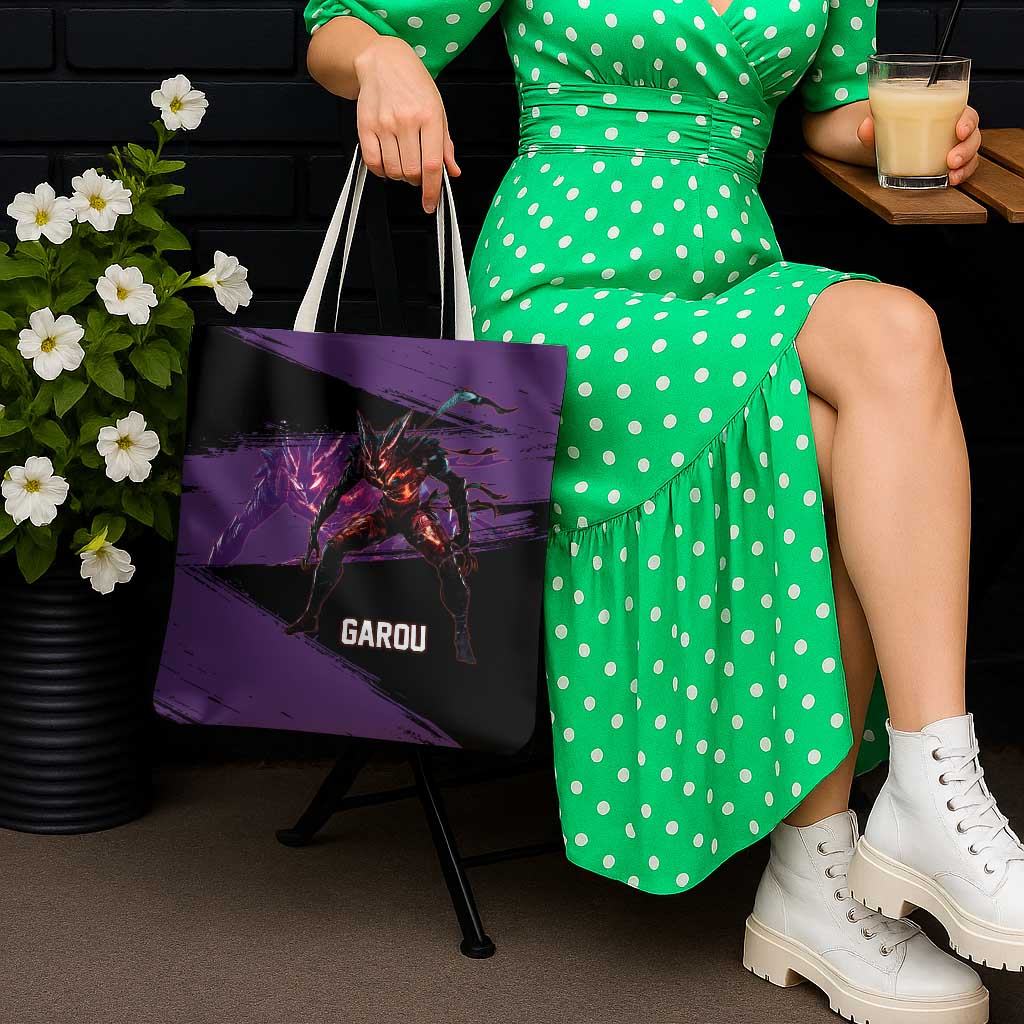 Garou One Punch Man Anime Purple and Black Theme Tote Bag with Hero and Monster Forms in Dynamic Battle Pose - The Mazicc