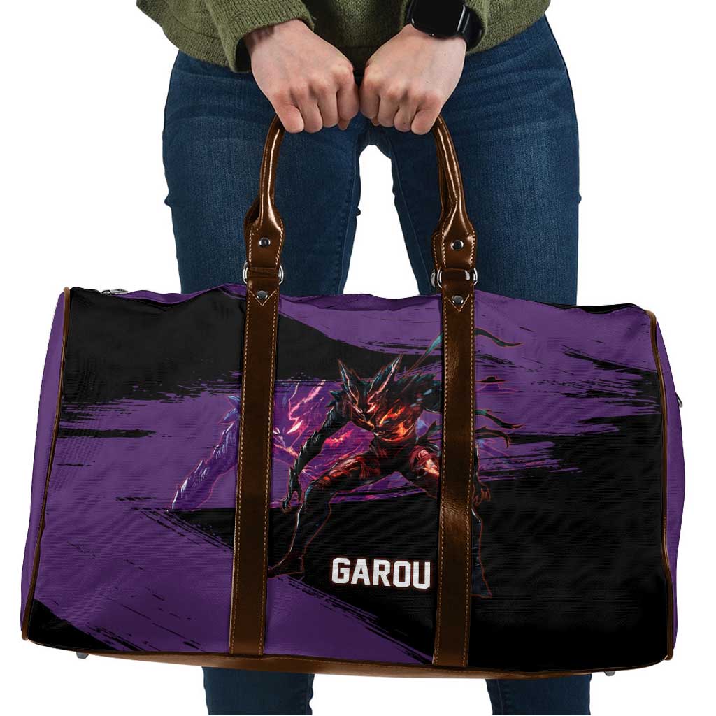 Garou One Punch Man Anime Purple and Black Theme Travel Bag with Hero and Monster Forms in Dynamic Battle Pose - The Mazicc