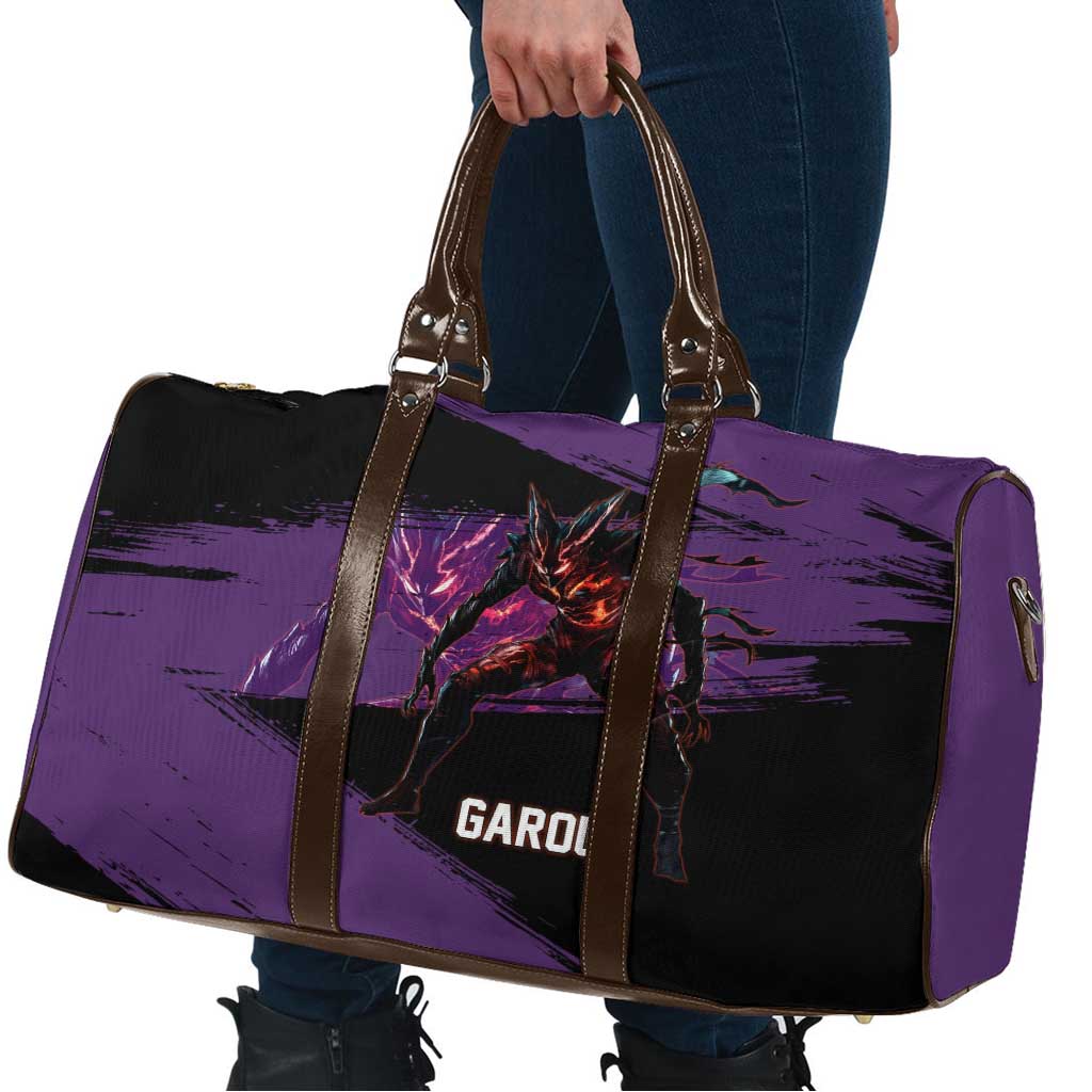 Garou One Punch Man Anime Purple and Black Theme Travel Bag with Hero and Monster Forms in Dynamic Battle Pose - The Mazicc