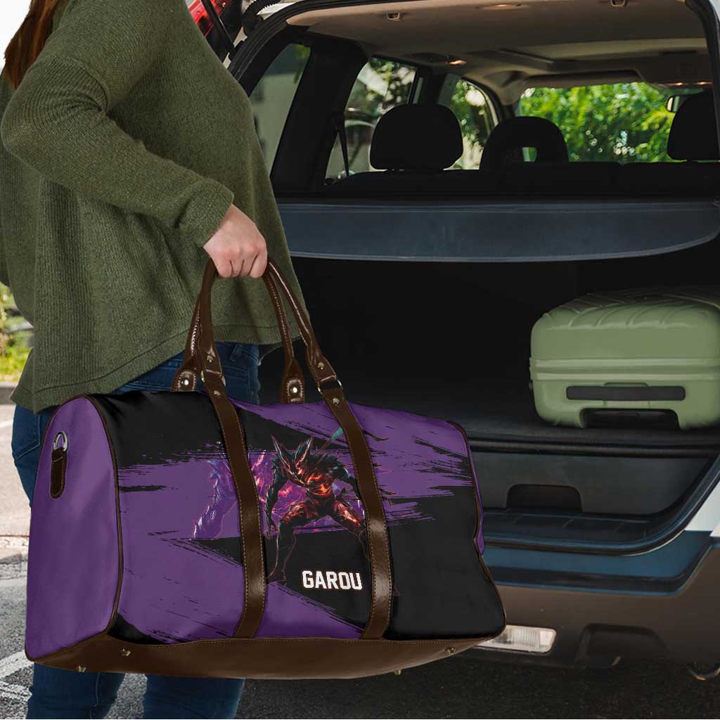 Garou One Punch Man Anime Purple and Black Theme Travel Bag with Hero and Monster Forms in Dynamic Battle Pose - The Mazicc