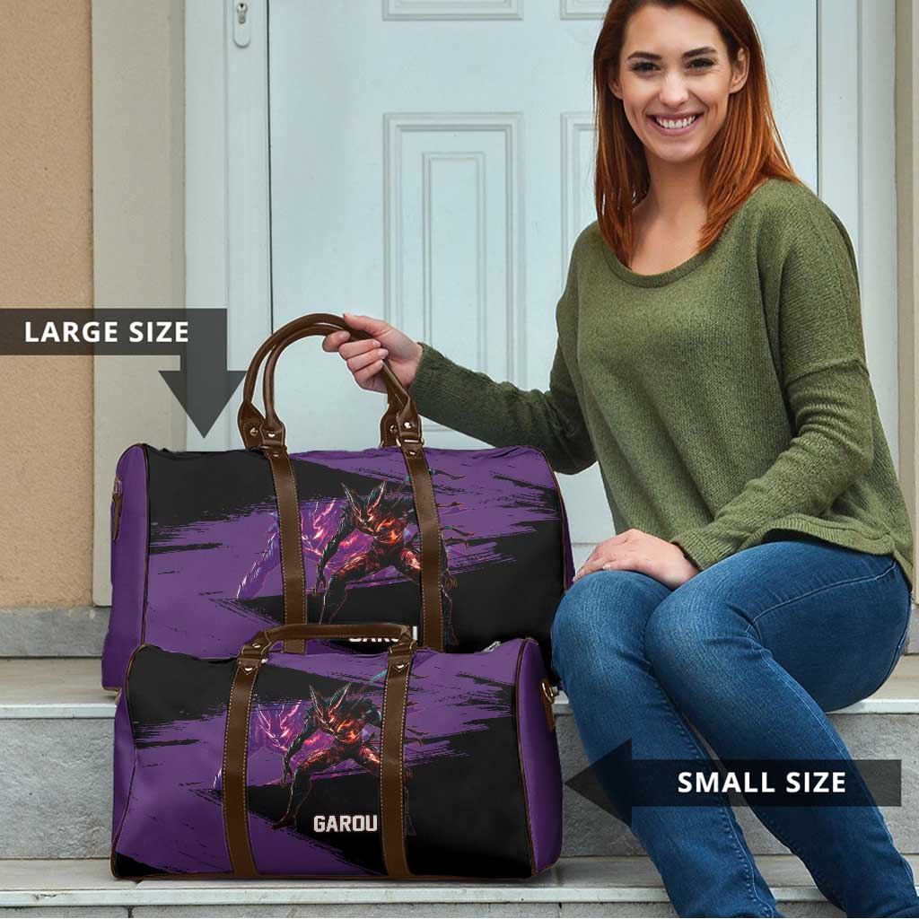 Garou One Punch Man Anime Purple and Black Theme Travel Bag with Hero and Monster Forms in Dynamic Battle Pose - The Mazicc